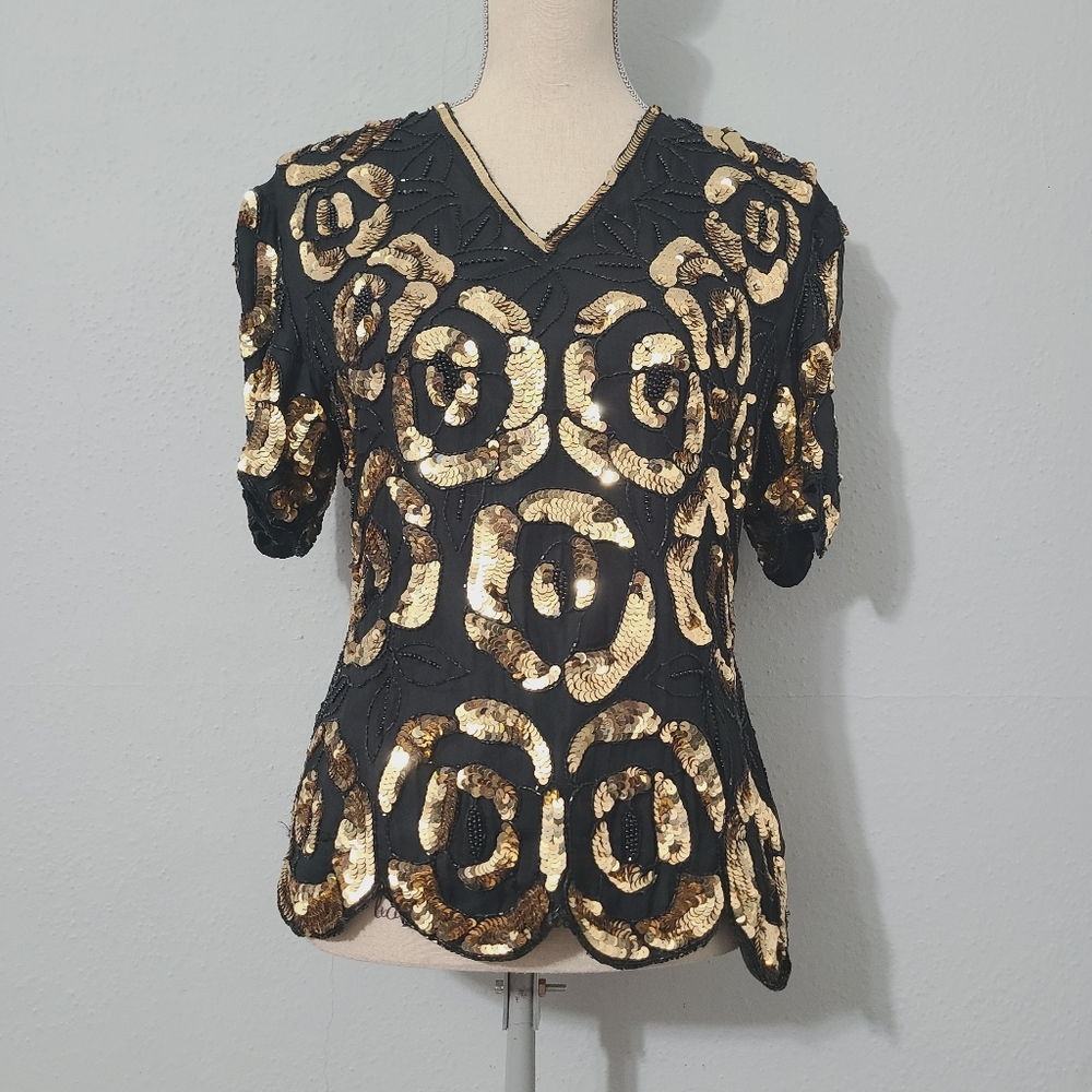 Vintage Stenay Silk Elegant Black and Gold Beaded Sequin Top 80s90s Dynasty Look